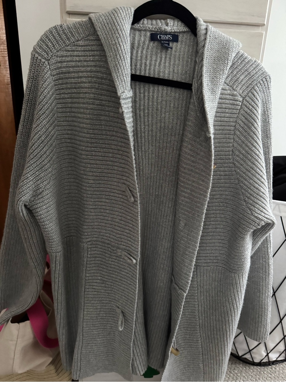 Chaps Women's Light Gray Hooded Ribbed Cardigan Sweater